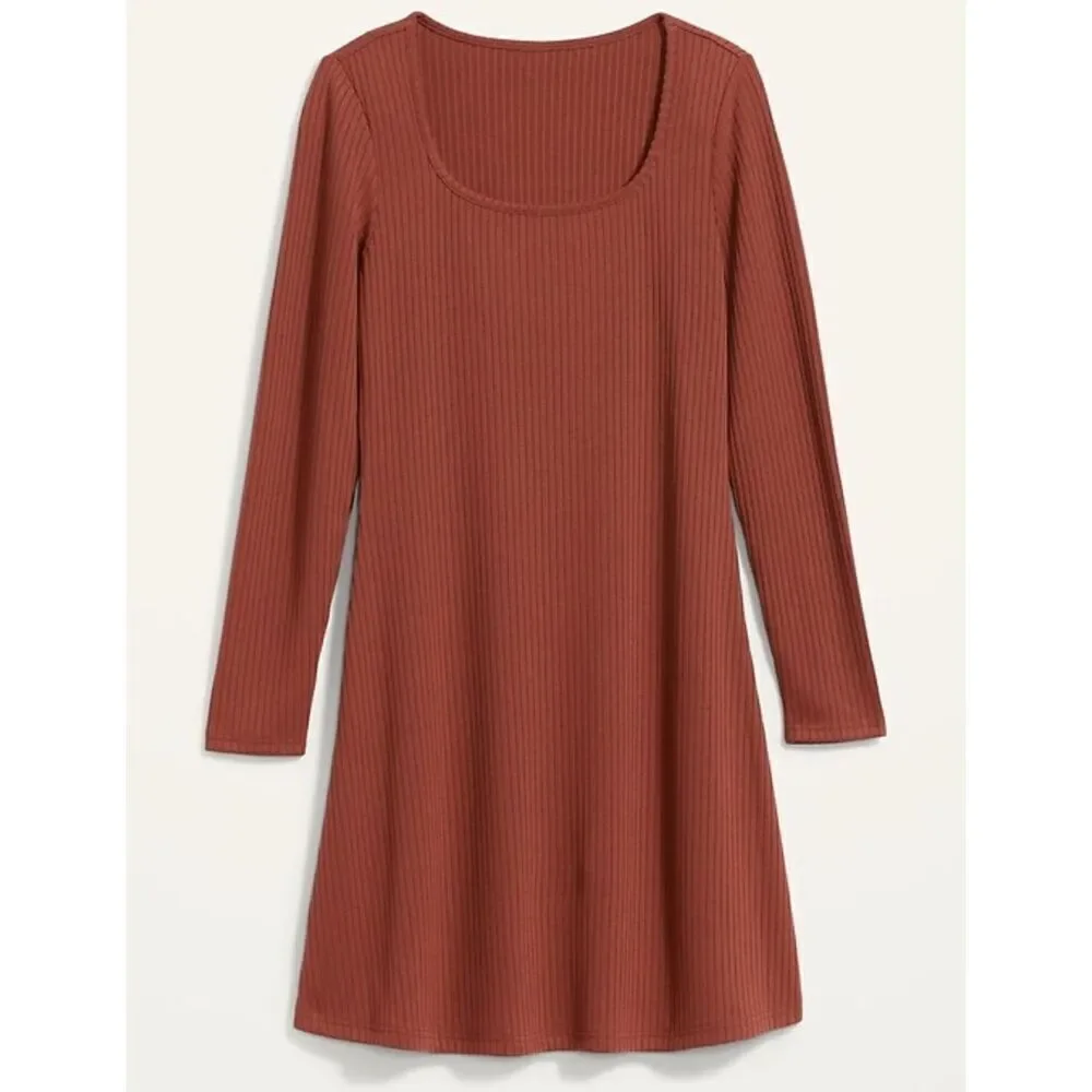 Old Navy Fit & Flare Rib-Knit Long-Sleeve Mini Dress Brown Size L Made